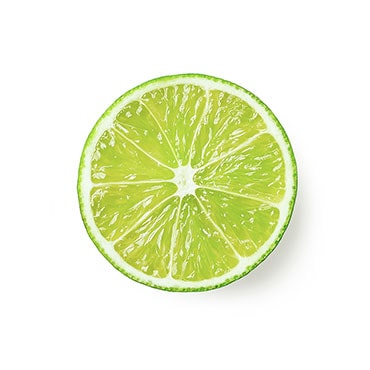 Eine frische Limettenscheibe die in der Mitte aufgeschnitten ist auf weissem Hintergrund